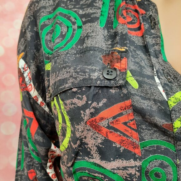 Vintage 80s African Tribal Print Belted Shirt Dress Size S Midi With Pockets - Picture 4 of 12